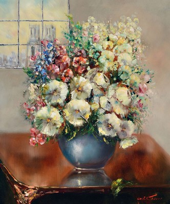 Karl-Friedrich Thauer, 1924-2009, Studium bei Prof. Metz und Hagenmüller, später Studium bei Kokoschka, hier: Blumenstillleben, Öl/Lwd, rechts ...