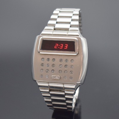 PULSAR Time Computer Calculator 902 seltene LED-Armbanduhr mit Rechner in Stahl, USA um 1977, quartz, unpoliertes 6-fach verschr. Geh. Modell 3822-2 ...