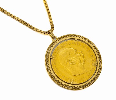 Goldmünze 100 Kronen 1915, offizielle Nachprägung, als Anhänger gefasst, GG 750/000, an Kette, GG 750/000, L. ca. 70 cm, Federringschließe