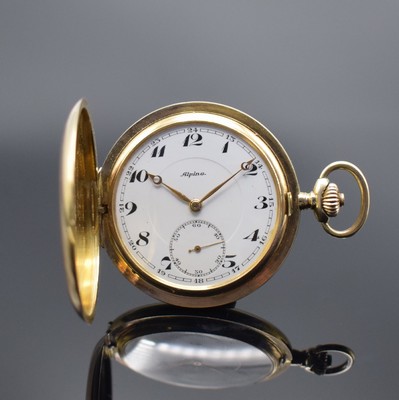 ALPINA Savonette Herrentaschenuhr in GG 585/000, Schweiz um 1920, glattes 2-Deckel Goldgeh., Cuvette mit Widmungsgrav., Emailzifferbl., Breguetzahlen ...