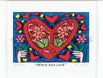 James Rizzi, 1950-2011 New York, Peace and Love, dreidimensionale Farblithographie, betitelt, signiert und num. 96/350, ca. 5x7.5cm, PP, u.Gl., R. ...
