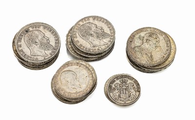 Konvolut 27 Silbermünzen, Deutsches Kaiserreich, best. aus: 16 x 5 Mark, 8 x Wilhelm II König von Württemberg 1899, 1901, 1902, 2 x 1903, 1907, 2 ...