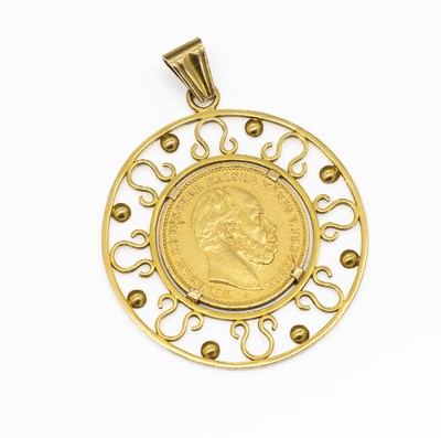 18 kt Gold Münzanhänger, GG 750/000, rund, schlichte geschwungene Gestaltung, mittig gefasste Goldmünze, 20 Mark Deutsches Reich 1883, D. ca. 4 ...