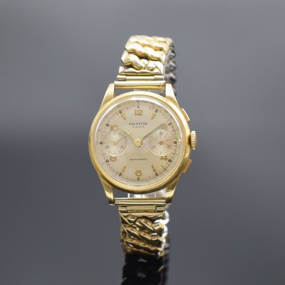 ORATOR Herrenarmbanduhr mit Chronograph in GG 750/000, Schweiz um 1955, Handaufzug, 3- teil. Geh., Boden & Glasrand aufgedr., silb. Zifferbl. m. ...