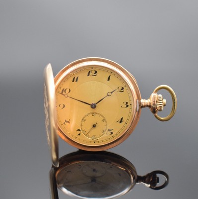 Savonette Taschenuhr in RG 585/000, Schweiz um 1920, 3-Deckel Goldgeh., Sprungdeckel mit Monogramm, Metallzifferbl. m. arab. Zahlen, gebl. Zeiger, ...
