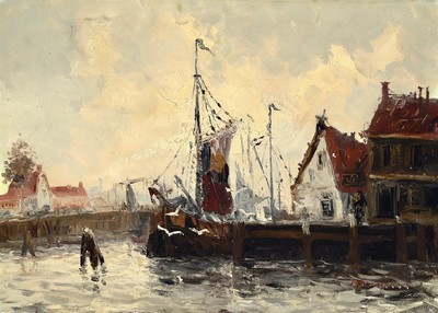 S. Franzen, Künstler der Mitte des 20.Jh., Blick in einen Hafen mit anliegendem Segelschiff, rechts unten signiert, Öl/Lwd, Reinigung empfohlen, ...