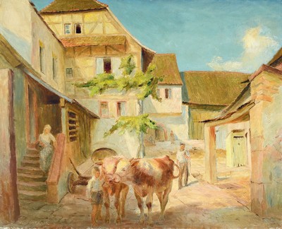 Ludwig Schreieck, 1911 St.Martin-1944 München,Studium an der Akademie München, "Hof in Weyher" so verso bez., Öl/Lwd, links unten ...