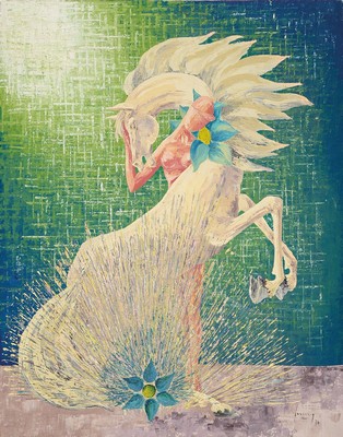 Ungedeuteter Künstler, datiert 1974, "La plus noble coquete du cheval, Mai 1974", Öl/Lwd, rechts unten signiert u. datiert, 68x53 cm