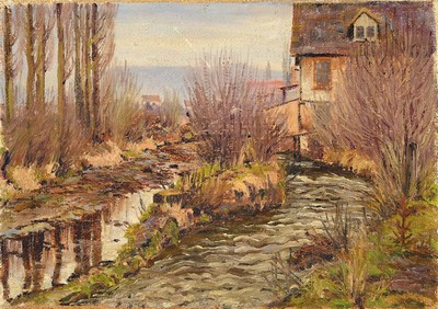 E. Schinz o.ä., Künstler des frühen 20.Jh., Flusslauf am Dorfrand, wohl pfälzer Landschaft, rechts unten signiert, Öl/Lwd, 32x45 cm