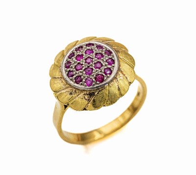 14 kt Gold Rubin Ring, GG/WG 585/000, 19 rundfacett. Rubine, (Tragesp.), ca. 9.3 g, RW 63, stil. Blütenförm