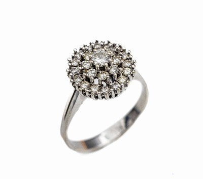 14 kt Gold Brillant Ring, WG 585/000, gepr., 25 Brillanten zus. ca. 0.90 ct Weiß/si-p, ca. 6.4 g, RW 59, reinigungsbed.