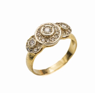 14 kt Gold Diamant Ring, GG 585/000, 29 Diamanten zus. ca. 0.45 ct Weiß/p, ca. 3.8 g, RW 56, reinigungsbed., Ringschiene gebrochen