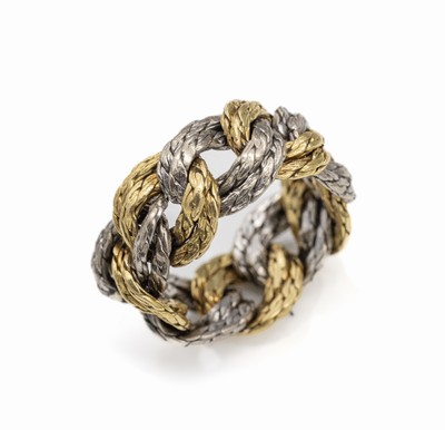 18 kt Gold Ring, GG/WG 750/000, ineinander verschlungene Ösen mit Kordeldekor, GG und WG im Wechsel, RW 54, ca. 13.0 g, HerstellermarkeAZ ungedeutet