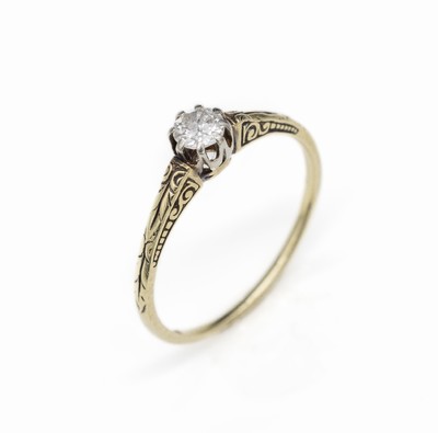 14 kt Gold Diamant-Ring, um 1900, GG 585/000, Ringschultern floral grav., Altschliffdiamant ca. 0.20 ct l.get.Weiß/si, RW 55