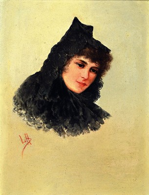 Monogrammist LA, wohl Italien, um 1900, Porträt einer jungen Frau mit schwarzer Haube, Öl/Holz, ca. 18x24cm, R.
