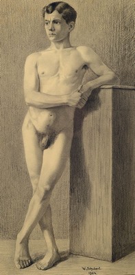 Gustav Wilhelm Schubert, geb. 1875 Freiberg inSachsen, stehender männlicher Akt an Säule gelehnt, Bleistiftzeichnung auf Papier, signiert und dat. ...