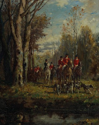Karl Mohr, 1922-2013 Düsseldorf, Parforcejagd, Öl/Lwd, links unten signiert, ca. 50x40cm, Barockstilrahmen mit Namensschild leicht besch., ca. ...