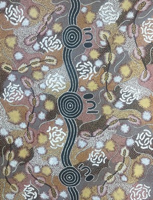 Sonda Nampitjinpa Turner, geb. 1956 Yuendumu, Australien, zeitgenössische Aborigine -Künstlerin der Warlpiri, "Bush Bean Dreaming"von ...