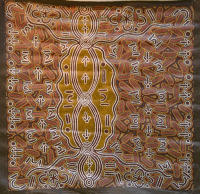 David Jupurrula Oldfield, um 1940-1997, Australien, zeitgenössischer Aborigine -Künstler, "Mens Ceremony" von 1989, großformatige ...