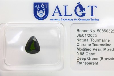 Facett. Chrom-Turmalin-Tropfen, ca. 0.98 ct, ALGT-Expertise, Deep Green (Brownish, Yellowish), unbehandelt
