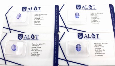 Konvolut 4 lose ovalfacett. Tansanite , ca. 0.93 ct, 1.28 ct, 1.18 ct und 1.20 ct, jeweilsmit ALGT-Expertisen, hitzebehandelt