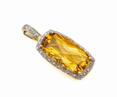 14 kt Gold Citrin-Brillant-Clipanhänger, GG585/000, Citrinrechteck im Schachbrettschliff ca. 0.60 ct, umgeben von Brillanten zus. ca. 0.15 ct ...