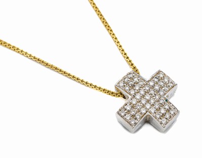 18 kt Gold Brillant-Anhänger, WG 750/000 gepr., 45 Brillanten zus. ca. 0.22 ct Weiß/si,ca. 1.3 x 1.3 cm, an Kette, GG 750/000, L. ca.41 cm, ...