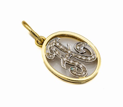 18 kt Gold Diamant-Anhänger "A", GG/WG 750/000, schlichte ovale Gestaltung, mittig geschwungenes A mit 27 8/8-Diamanten zus. ca. 0.13 ct ...