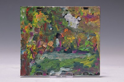 Heide Fahlbusch, 1939-2019, Öl-Studie auf CD-Hülle, frühlingshaft blühende Gartenlandschaft, pastoser Farbauftrag, innen signiert und datiert ...