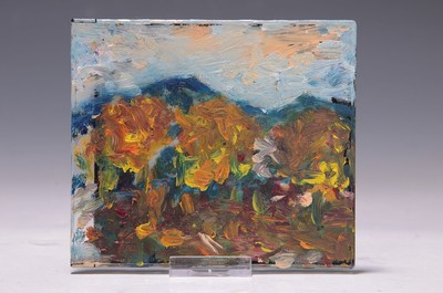 Heide Fahlbusch, 1939-2019,Öl-Studie auf CD -Hülle, herbstliche Landschaft in der Pfalz, pastoser Farbauftrag, innen signiert und datiert 2007, ...