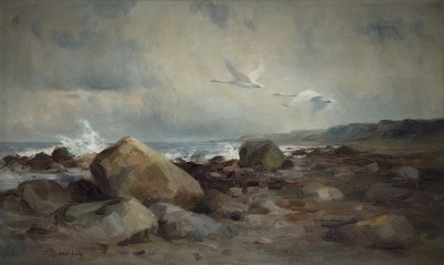 Manfred Schatz, 1925 Stettiner Haff-2004 Meerbusch, Schwäne über den Schären, Öl/Lwd, links unten signiert, ca. 84x140cm, R.