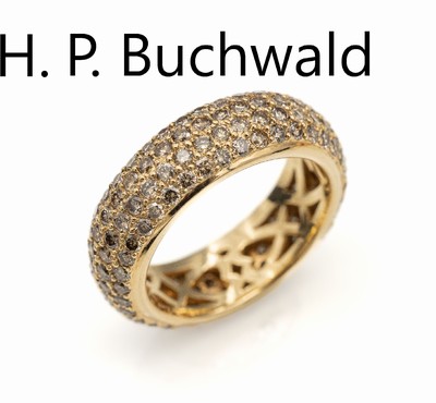18 kt Gold Brillant-Ring, RoseG 750/000, 4-reihig bes. mit Brillanten zus. ca. 2.90 ct Braun/si, Meistermarke Hans Peter Buchwald, ca. 8.3 g, RW 53