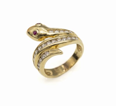 14 kt Gold Diamant-Schlangenring, GG 585/000, 23 Diamanten zus. ca. 0.50 ct Weiß/si, 2 kl. Rubinaugen, RW 50, ca. 4.3 g