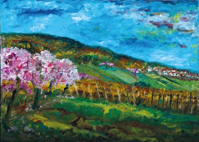 Heide Fahlbusch, 1939-2019, "Mandelbäume - Rebstöcke" so verso bez., 2007, blühende Mandelbäume mit Blick über die Weinreben auf ...