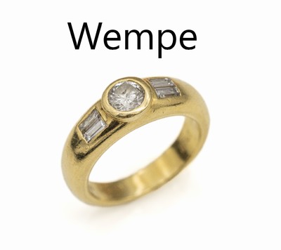 18 kt Gold WEMPE Diamant-Ring, GG 750/000, Brillant und 4 Diamantbaguettes zus. ca. 0.50 ct Weiß/si, RW 54, sign., ca. 9 g