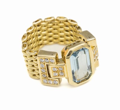 18 kt Gold Aquamarin Brillant Ring, GG 750/000, Aquamarin ca. 3.00 ct, 26 Brill.zus. ca. 0.30 ct Weiß/si, ca. 11.6 g, RW 54/55