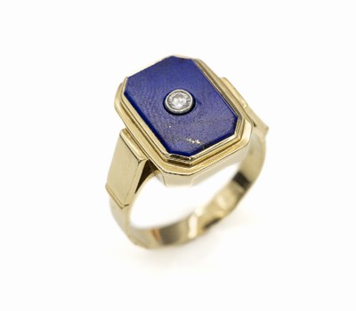 14 kt Gold Brillant Lapislazuli Herrenring, GG 585/000, Lapislazuliplatte mit eingelassenem Brillant in WG ca. 0.05 ct Weiß/si, Lapislazuli von ...