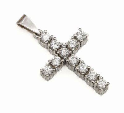 14 kt Gold Brillant-Kreuzanhänger, WG 585/000, 12 Brillanten zus. ca. 1.10 ct Weiß/si, ca. 2.5 x 1.7 cm, ca. 3.4 g
