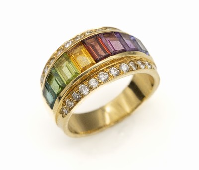 18 kt Gold Regenbogen-Farbstein-Brillant Ring, GG 750/000, facett. Farbsteine u.a. Amethyst, Citrin, Peridot, Turmalin, etc. zus.ca. 3.20 ct, 22 ...