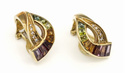 Paar 14 kt Gold Regenbogen-Farbstein- Brillant-Ohrclips, GG 585/000, facett. Farbsteine u.a. Amethyst, Citrin, Turmalin, etc. zus. ca. 4.00 ct, 10 ...