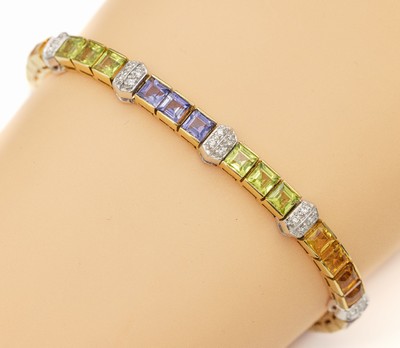 18 kt Gold Regenbogen Farbstein Brillant Armband, GG 750/000, facett. Farbsteine u.a. Amethyst, Citrin, Turmalin, etc. zus. ca. 16.50 ct, 24 in WG ...