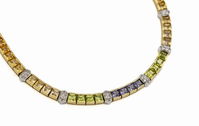 18 kt Gold Farbstein Regenbogen Brillant- Collier, GG 750/000, facett. Farbsteine u.a. Amethyst, Citrin, Peridot, Turmalin etc. zus. ca. 42.0 ct, 24 ...
