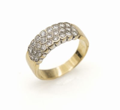 18 kt Gold Brillant-Ring, GG/WG 750/000, 25Brillanten zus. ca. 1.30 ct Weiß/si, total ca.9.8 g, RW 66, pers. Widmung innen