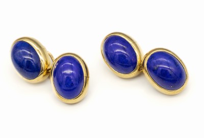 Paar 18 kt Gold Lapislazuli-Manschettenknöpfe, GG 750/000, schlichte Gestaltung, 4 Lapislazuli-Cabochons, ca. 19.8 g