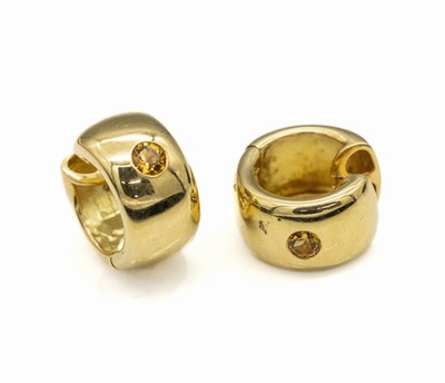 Paar 18 kt Gold Citrin-Creolen, GG 750/000,2 rundfacett. Citrine zus. ca. 0.40 ct, ca. 15.4 g, D. ca. 20 mm