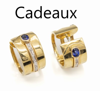 Paar 18 kt Gold CADEAUX Diamant-Saphir Ohrcreolen, GG 750/000, 2 ovalfacett. Saphire zus. ca. 0.20 ct, 10 Diamant-Baguetteszus. ca. 0.80 ct ...