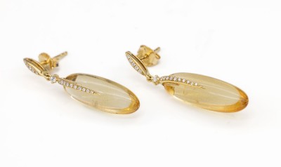 Paar 18 kt Gold Citrin-Brillant-Ohrstecker, GG 750/000, 2 bewegl. Citrin-Pampeln Abhängungen zus. ca. 15.30 ct, 32 Brillanten zus. ca. 0.12 ct ...