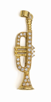 18 kt Gold Diamant-Anhänger "Trompete", GG 750/000, Brillanten zus. ca. 0,30 ct Weiß/si, L. ca. 3 cm, ca. 3,0 g