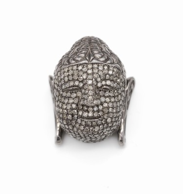 Silber Anhänger in Form eines Buddha Kopfes, 925er Silber geschwärzt, 8/8-Diamanten zus. ca. 2,20 ct, sign. Gemco, L. ca. 2,5 cm, total ca. 15,6 g