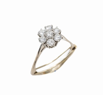 14 kt Gold Brillant-Ring, WG 585/000 gepr.,7 Brillanten zus. ca. 1.45 ct Weiß/si, RW 54, Ringschiene mit Verkleinerungsbügel, ca. 4.2 g